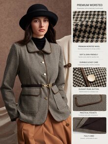 Zovinel Metal Button And Suede Bingding Commuter Houndstooth Fabric Blazer, Back To School, Casual Work,Elegant Fall Summer/Autumn/Winter - Brown - View 1