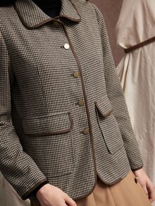Zovinel Metal Button And Suede Bingding Commuter Houndstooth Fabric Blazer, Back To School, Casual Work,Elegant Fall Summer/Autumn/Winter - Brown - View 4
