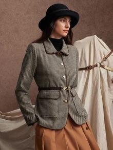 Zovinel Metal Button And Suede Bingding Commuter Houndstooth Fabric Blazer, Back To School, Casual Work,Elegant Fall Summer/Autumn/Winter - Brown - View 6