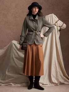 Zovinel Metal Button And Suede Bingding Commuter Houndstooth Fabric Blazer, Back To School, Casual Work,Elegant Fall Summer/Autumn/Winter - Brown - View 5