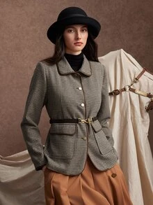 Zovinel Metal Button And Suede Bingding Commuter Houndstooth Fabric Blazer, Back To School, Casual Work,Elegant Fall Summer/Autumn/Winter - Brown - View 3