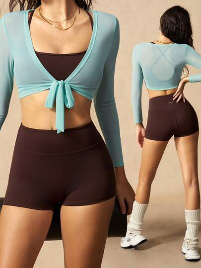 VARSIVA Women Sports Activewear's Minimalist Cropped Tank Top, Shorts And Long Sleeve Tie-Front Cardigan 3 Pieces Set