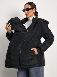 MaterniWear Maternity Solid Color Long Sleeve Zipper Front Casual Hooded 3-In-1 Jacket - Black - View 2