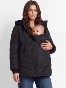 MaterniWear Maternity Solid Color Long Sleeve Zipper Front Casual Hooded 3-In-1 Jacket - Black - View 3