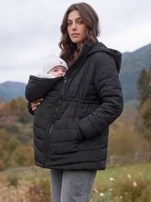 MaterniWear Maternity Solid Color Long Sleeve Zipper Front Casual Hooded 3-In-1 Jacket - Black - View 9