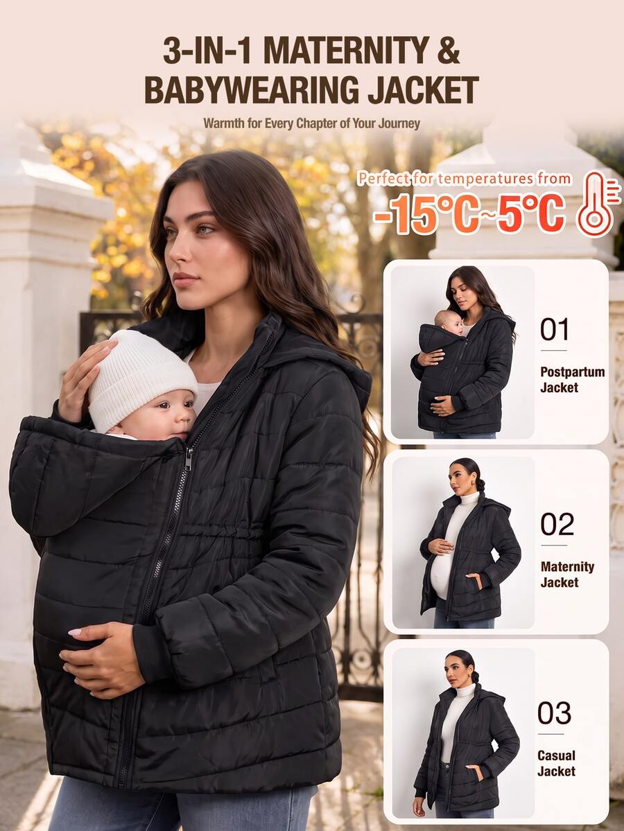 MaterniWear Maternity Solid Color Long Sleeve Zipper Front Casual Hooded 3-In-1 Jacket - Black - View 1