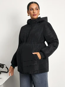 MaterniWear Maternity Solid Color Long Sleeve Zipper Front Casual Hooded 3-In-1 Jacket - Black - View 5