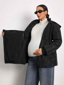 MaterniWear Maternity Solid Color Long Sleeve Zipper Front Casual Hooded 3-In-1 Jacket - Black - View 10