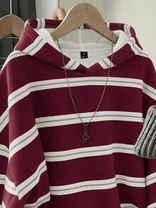 SHEIN EZwear 韓式時尚百搭彩色條紋圖案運動衫，適合外穿、攝影、露營、秋冬季、返校季，女款標準圓領 - 彩色 - 查看 3