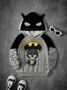 BATMAN X SHEIN Sudadera para niño joven con bloques de color, patchwork y estampado de dibujos animados - Negro - Ver 1