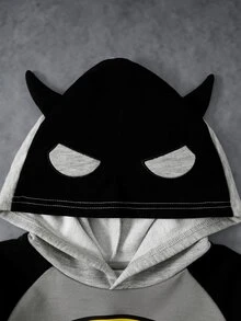 BATMAN X SHEIN Sudadera para niño joven con bloques de color, patchwork y estampado de dibujos animados - Negro - Ver 4