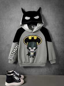 BATMAN X SHEIN Sudadera para niño joven con bloques de color, patchwork y estampado de dibujos animados - Negro - Ver 3