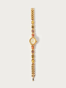 Glisma 1pc Elegant & Luxurious Gemstone Ladies Watch, Fashionable, Vintage Style With Pearl Dial, Suitable For Social Gatherings, Parties, Vacations, Daily - Gold - View 4