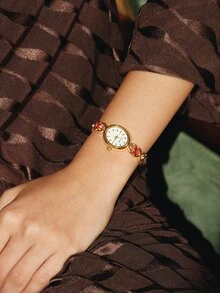 Glisma 1pc Elegant & Luxurious Gemstone Ladies Watch, Fashionable, Vintage Style With Pearl Dial, Suitable For Social Gatherings, Parties, Vacations, Daily - Gold - View 3