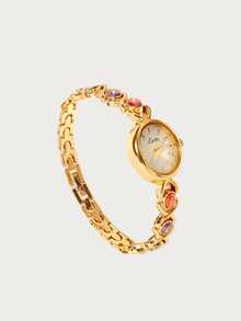 Glisma 1pc Elegant & Luxurious Gemstone Ladies Watch, Fashionable, Vintage Style With Pearl Dial, Suitable For Social Gatherings, Parties, Vacations, Daily - Gold - View 6