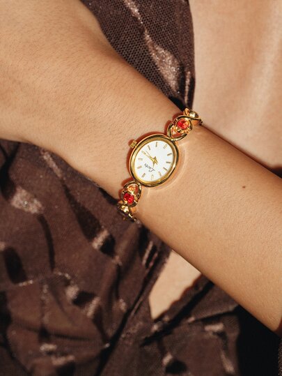 Glisma 1pc Elegant & Luxurious Gemstone Ladies Watch, Fashionable, Vintage Style With Pearl Dial, Suitable For Social Gatherings, Parties, Vacations, Daily