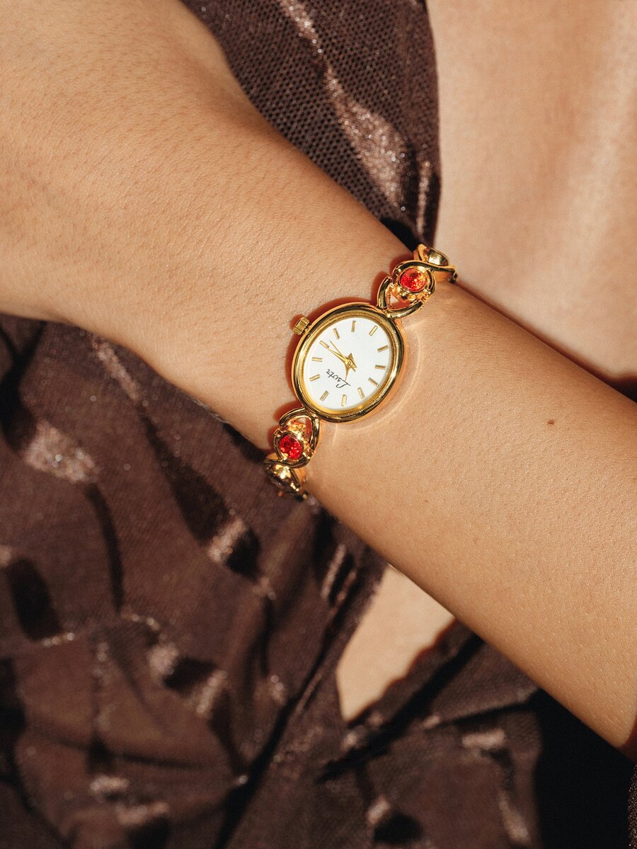 Glisma 1pc Elegant & Luxurious Gemstone Ladies Watch, Fashionable, Vintage Style With Pearl Dial, Suitable For Social Gatherings, Parties, Vacations, Daily - Gold - View 1