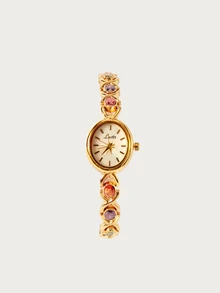 Glisma 1pc Elegant & Luxurious Gemstone Ladies Watch, Fashionable, Vintage Style With Pearl Dial, Suitable For Social Gatherings, Parties, Vacations, Daily - Gold - View 2