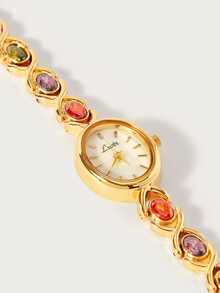 Glisma 1pc Elegant & Luxurious Gemstone Ladies Watch, Fashionable, Vintage Style With Pearl Dial, Suitable For Social Gatherings, Parties, Vacations, Daily - Gold - View 8