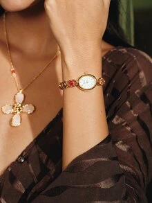 Glisma 1pc Elegant & Luxurious Gemstone Ladies Watch, Fashionable, Vintage Style With Pearl Dial, Suitable For Social Gatherings, Parties, Vacations, Daily - Gold - View 7