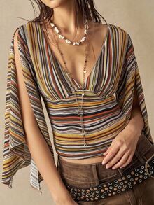Bohemela Kaos Wanita Vintage Bergaris Cokelat dengan Kerah V dan Lengan Lebar Terbelah untuk Musim Gugur, Sempurna untuk Liburan dan Jalan-jalan - MultiWarna - View 2