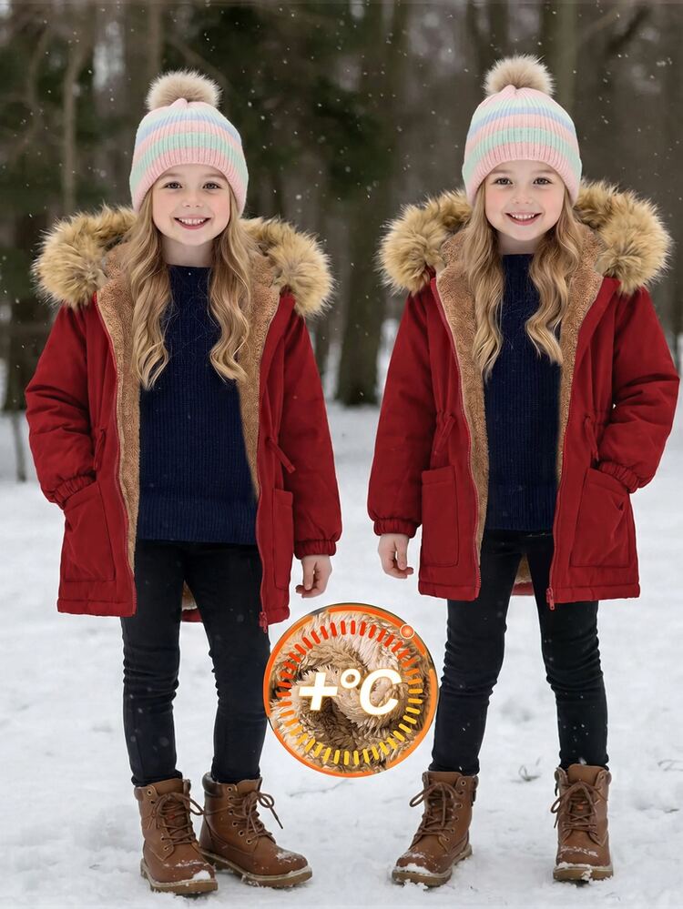 Emery Rose Kids Emery Rose Kids Young Girl Young Girl Young Girl Solid Color Young Girl Fleece Lined Casual Jacket Autumn Winter Clothes For Girl - Red - View 9