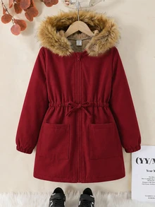 SHEIN 女童素色抓絨內裡休閒夾克 秋冬女童外套 - 紅色 - 查看 5