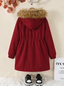 SHEIN 女童素色抓絨內裡休閒夾克 秋冬女童外套 - 紅色 - 查看 3