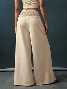 Bohemela Women's Solid Color Lace Patchwork Wide Leg Pants - Apricot - View 10