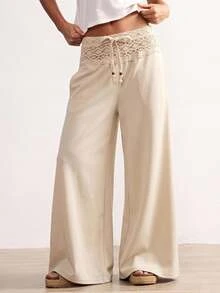 Bohemela Women's Solid Color Lace Patchwork Wide Leg Pants - Apricot - View 3