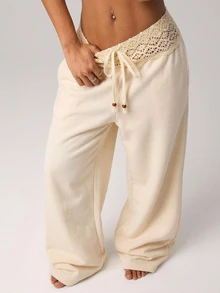 Bohemela Women's Solid Color Lace Patchwork Wide Leg Pants - Apricot - View 1