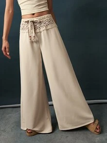Bohemela Women's Solid Color Lace Patchwork Wide Leg Pants - Apricot - View 8