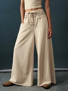 Bohemela Women's Solid Color Lace Patchwork Wide Leg Pants - Apricot - View 6