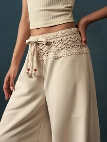 Bohemela Women's Solid Color Lace Patchwork Wide Leg Pants - Apricot - View 5