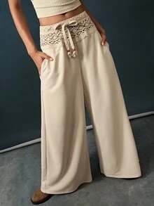 Bohemela Women's Solid Color Lace Patchwork Wide Leg Pants - Apricot - View 9