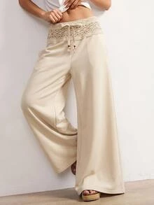 Bohemela Women's Solid Color Lace Patchwork Wide Leg Pants - Apricot - View 2