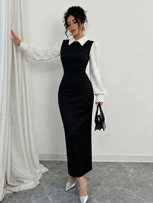 SHEIN Raffinéa 優雅黑色緊身魚尾長洋裝，彼得潘領、配色千鳥格與泡泡袖女裝 - 黑色 - 查看 3