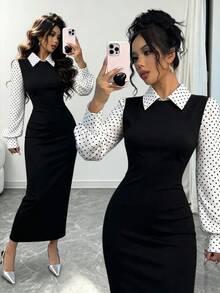 SHEIN Raffinéa 優雅黑色緊身魚尾長洋裝，彼得潘領、配色千鳥格與泡泡袖女裝 - 黑色 - 查看 1