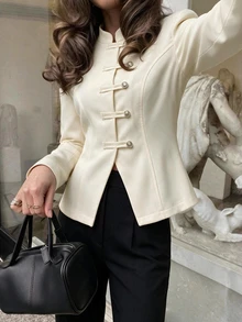 Penseblé Women's Autumn/Winter Fashion Casual Button Decor Solid Color Waist-Cinching Regular Shoulder Long Sleeve Regular Jacket, Minimalist Style For Daily Commute - Apricot - View 7