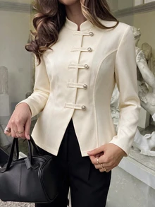 Penseblé Women's Autumn/Winter Fashion Casual Button Decor Solid Color Waist-Cinching Regular Shoulder Long Sleeve Regular Jacket, Minimalist Style For Daily Commute - Apricot - View 5