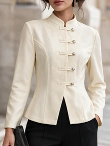 Penseblé Women's Autumn/Winter Fashion Casual Button Decor Solid Color Waist-Cinching Regular Shoulder Long Sleeve Regular Jacket, Minimalist Style For Daily Commute - Apricot - View 8