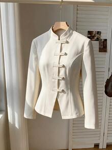 Penseblé Women's Autumn/Winter Fashion Casual Button Decor Solid Color Waist-Cinching Regular Shoulder Long Sleeve Regular Jacket, Minimalist Style For Daily Commute - Apricot - View 3