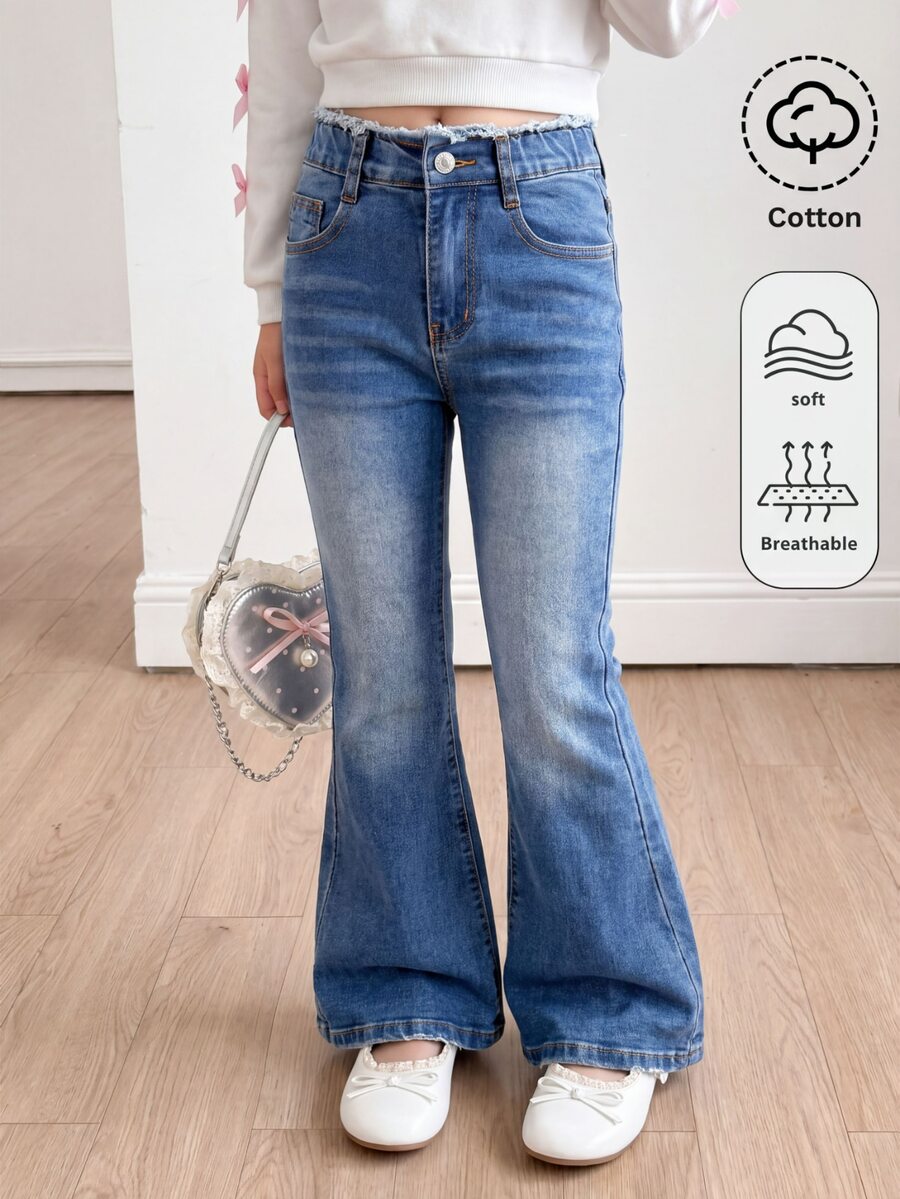 SHEIN Celana Jeans Denim untuk Remaja Putri, Warna Vintage Washed, Gaya Busana Jalanan, Ujung Robek Rusak, Potongan Kaki Melebar, Gaya Baru Serbaguna untuk Musim Gugur