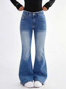 SHEIN Celana Jeans Denim untuk Remaja Putri, Warna Vintage Washed, Gaya Busana Jalanan, Ujung Robek Rusak, Potongan Kaki Melebar, Gaya Baru Serbaguna untuk Musim Gugur - Biru - View 4