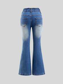 SHEIN Celana Jeans Denim untuk Remaja Putri, Warna Vintage Washed, Gaya Busana Jalanan, Ujung Robek Rusak, Potongan Kaki Melebar, Gaya Baru Serbaguna untuk Musim Gugur - Biru - View 3