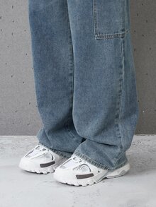 SHEIN Explorewe 青少年男孩休閒寬鬆工裝牛仔褲，適合戶外、海灘、騎行，舒適復古深藍色水洗磨損彈性腰鬆弛版型牛仔長褲，夏季時尚款 - 中等水洗藍 - 查看 11