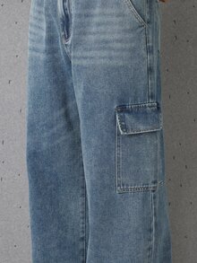 SHEIN Explorewe 青少年男孩休閒寬鬆工裝牛仔褲，適合戶外、海灘、騎行，舒適復古深藍色水洗磨損彈性腰鬆弛版型牛仔長褲，夏季時尚款 - 中等水洗藍 - 查看 10
