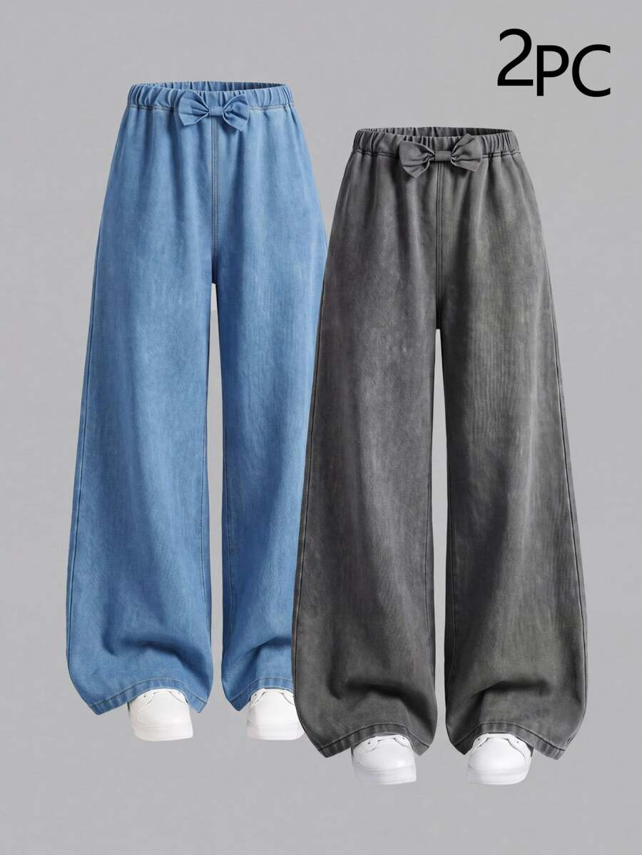 SHEIN 青少年女孩時尚休閒可愛日系牛仔夏季牛仔褲 水洗腰部蝴蝶結設計 直筒寬腿水藍色褲子 2件套 校園日常穿搭