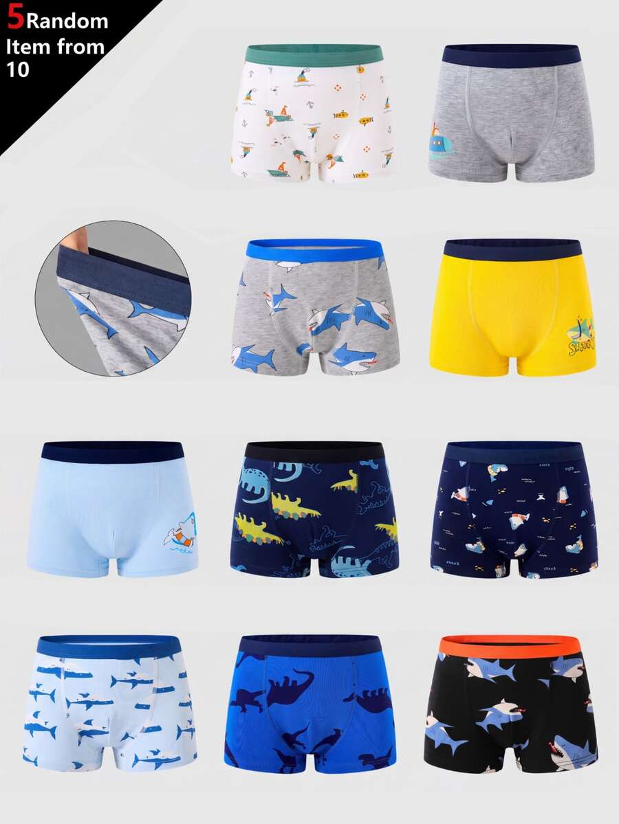 Boys' 5pcs Random Baby Pink White Traceable Cotton Cute Minimalist Cool Shark Dinosaur Print Boxer Briefs Summer Nursery