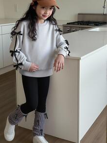Genkimix Kids 青少年女孩長袖抓絨秋季套裝 2件組 圓領韓系可愛灰色黑色運動衫 蝴蝶結緞帶修身長褲 生日禮物 - 灰色 - 查看 8